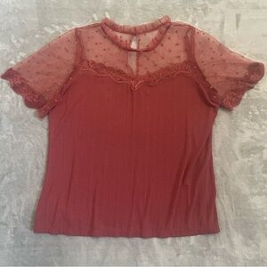 Perch by Blu Pepper Sheer Swiss Dot Lace Trim Blouse Mauve Pink Size 2XL